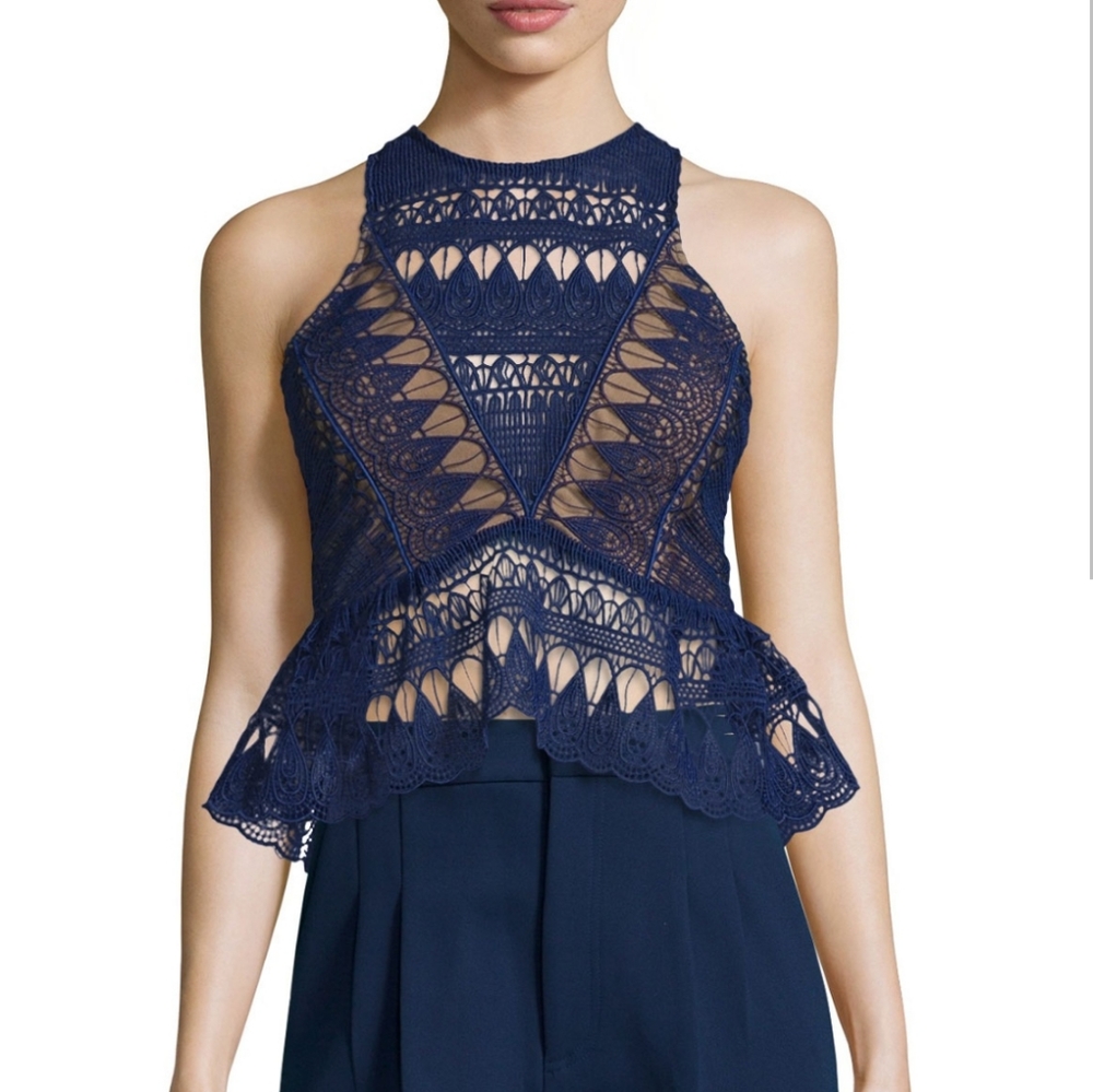 Self-Portrait Sleeveless Lace Peplum Size 2 Navy Blue Top